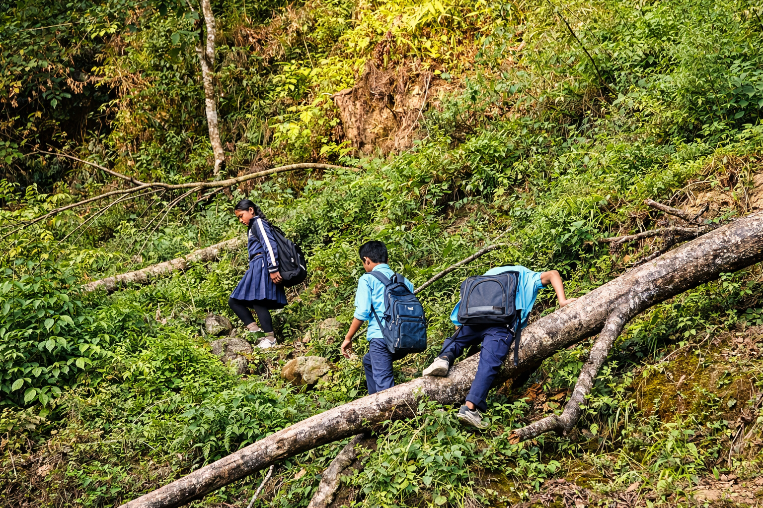 Students climbing hillside to reach school, symbolizing resilience and sustainable future. विद्यालय जान कठिन बाटो पार गर्दै विद्यार्थीहरू — दृढता र दीगो भविष्यको प्रतीक।